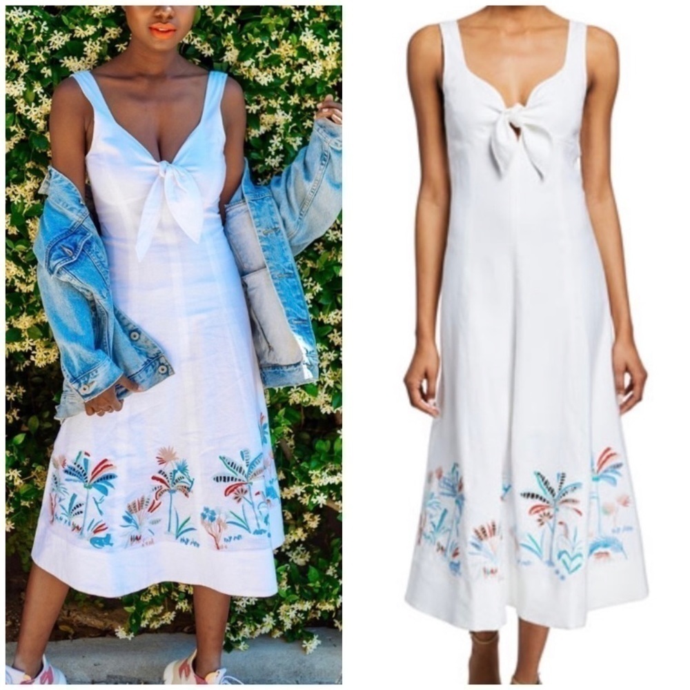 Tanya Taylor White Yolanda Sweetheart Neck Flare Linen Blend Embroidered Dress